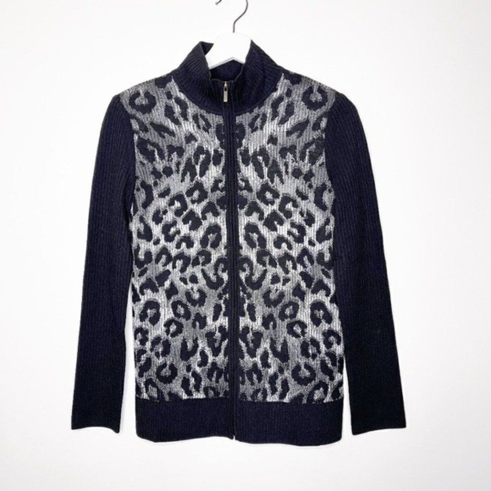 ST JOHN Gray Leopard Print Knit Jacket 